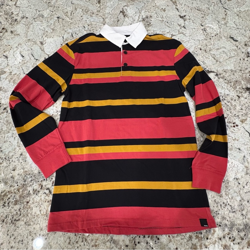 RSQ Red, Black, and Gold Striped Polo Shirt